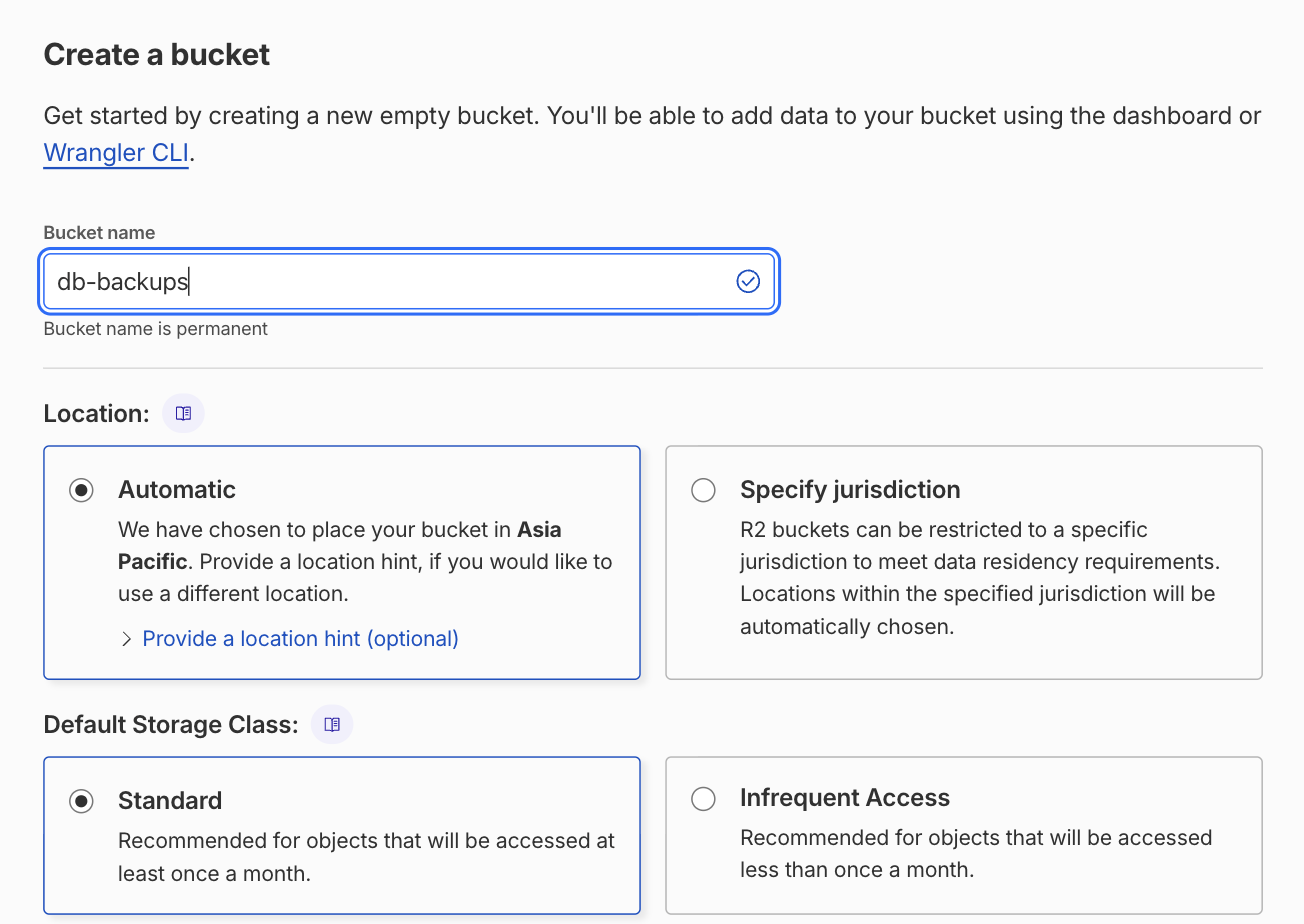 Cloudflare's Create a bucket form with the name db-backups and location Automatic