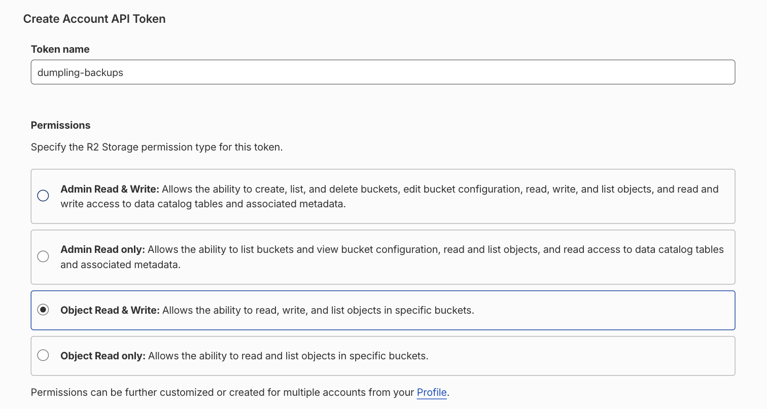Cloudflare's Create Account API Token form with Object Read & Write selected