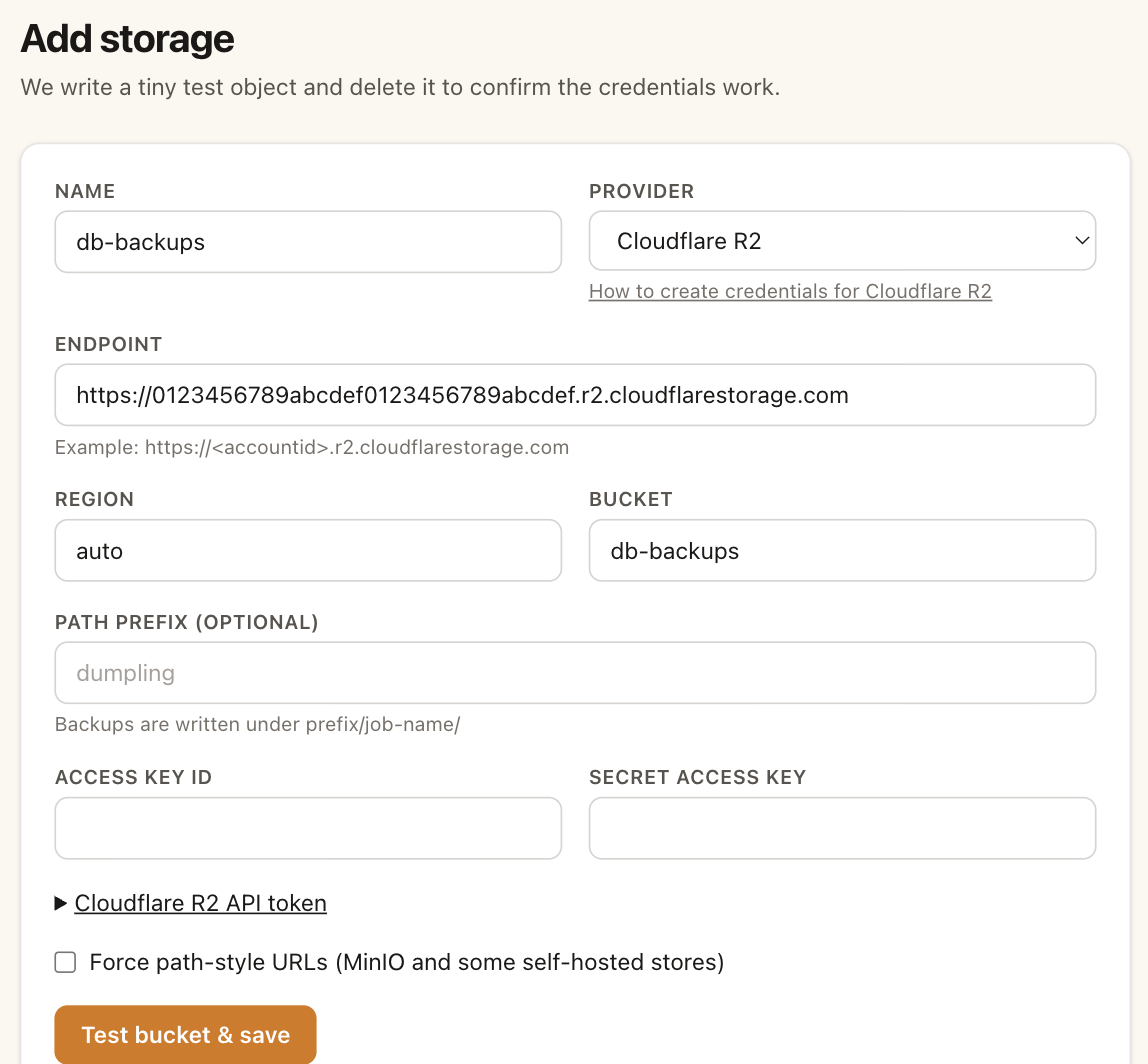 Dumpling's Add storage form with the Cloudflare R2 preset, endpoint and bucket filled in